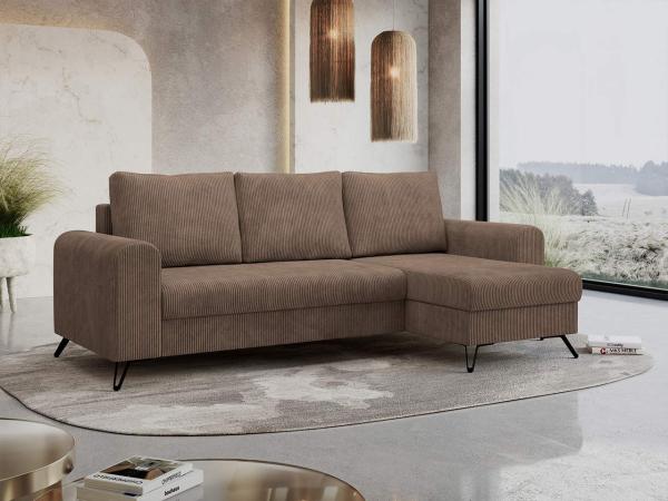 Ecksofa Wohnzimmer aus Cordstoff mit Schlaffunktion - HUGO-lin - Hellbraun Velours