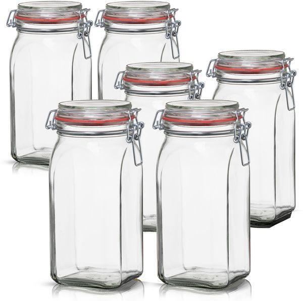 BigDean 6er Set Vorratsgläser 1,5L - Einmachgläser mit Deckel & Bügelverschluss - Made in Germany - Drahtbügelgläser zum luftdichten Aufbewahren, Einlegen & Einkochen - Glas, eckig