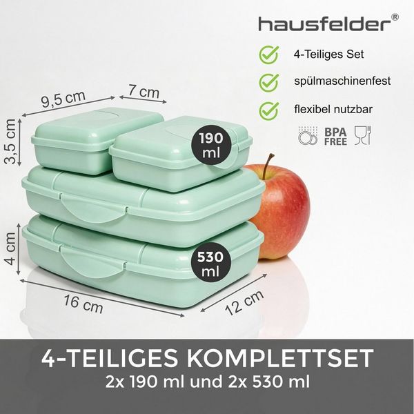 Hausfelder Lunchbox Brotdosen 4er Set flach hellgrün, Kunststoff, (4er Set, 4-tlg, 2 große Brotdosen und 2 kleine Snackboxen), spülmaschinengeeignet, langlebig, bruchfest, BPA-frei