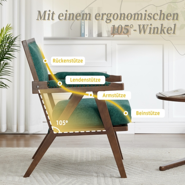 LVHOM Loungesessel mit Armlehne, Polstersessel aus Linen, Massivholzgestell, für Wohnzimmer, Büro, Schlafzimmer, Grün Bild 5