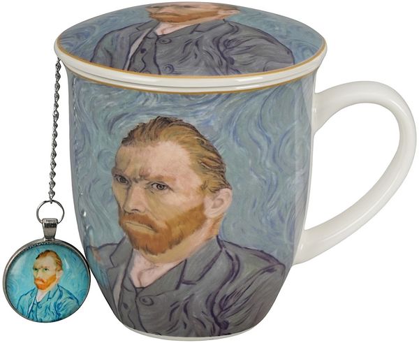 DUO ART GALLERY Becher 400 ml mit Teesieb PORTRAIT OF Van Gogh, New Bone China Porzellan