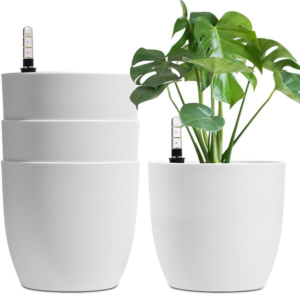 T4U 22cm Selbstwässernder Blumentopf mit Wasseranzeiger Weiß 4er-Set, Selbstbewässerung Wasserspeicher Pflanzgefäß Übertopf für Innen- und Außenbereich