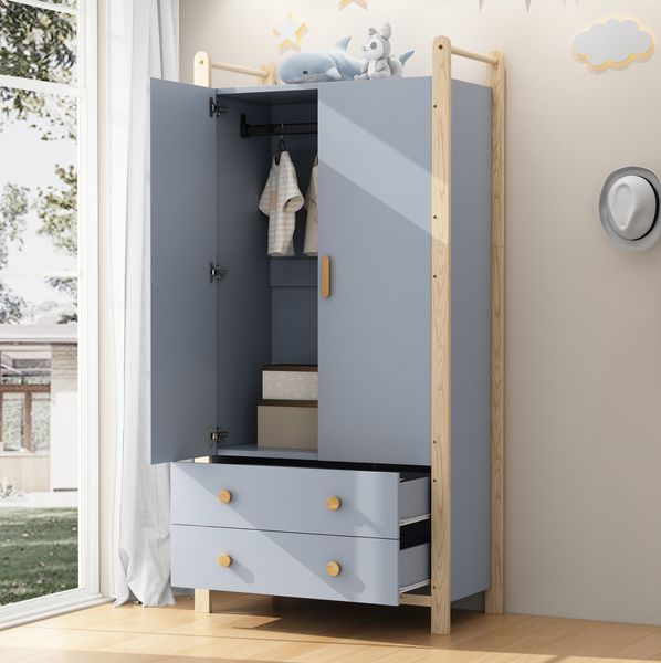 Kleiderschrank 89,6 x 44 x 180,5 cm in Blau mit Kiefernholz, 2 Türen, 2 Schubladen