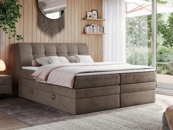 Boxspringbett, Stauraumbett, Bett mit Multipocket-Matratze und Topper - GOLD-10-KING - 120x200cm - Braun Velours - H4