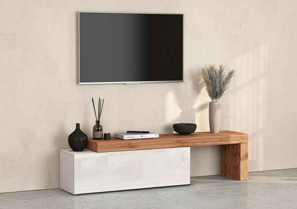 OTTO home Lowboard Chronos TV-Board, T-Schrank (1 St, Breite verstellbar von 180 bis 290 cm), Breite 240 cm TV-Board,Lowboard,1 Klappe und ein L-Förmiger Aufsatz