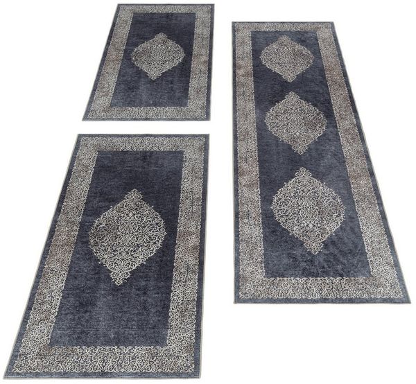 Teppium Teppich Barock Design, Rechteckig, Höhe: 6 mm, Schlafzimmer Teppich Bettumrandung Läufer Set 3 teilig Schwarz-2