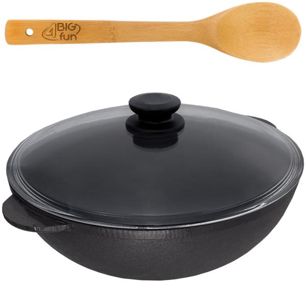 Wok Ø30 cm Wokpfanne 4,7 L Bratpfanne Gusseisen Glasdeckel Kasan Asia Schmortopf Grill