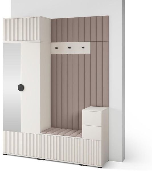 Garderoben-Set Ritmo version 8 – gefräste Kleiderschrank mit Polsterplatten, Schuhschrank, für Flur und Eingangsbereich (Cashmere, Trinity 05), 225 x 40 x 170 cm