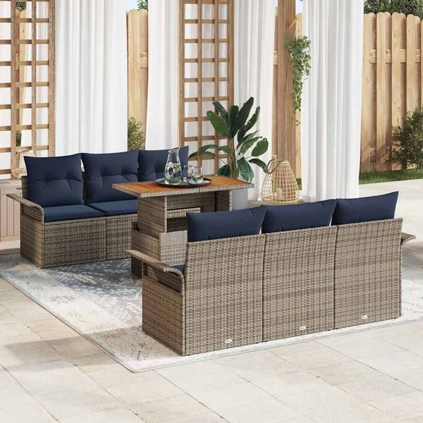 vidaXL Gartensofa-set mit Kissen 7 pcs Grau und Marineblau Poly-Rattan 3349282