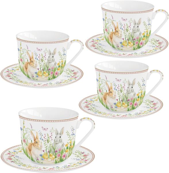 4 x Happy Easter Jumbotasse + Untertasse Porzellan Tee Kakao Kaffee Ostern bunt