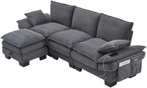 3-Sitzer Sofa aus Cord 260x132x84 cm mit USB-C & Hocker, dunkelgrau Bild 5