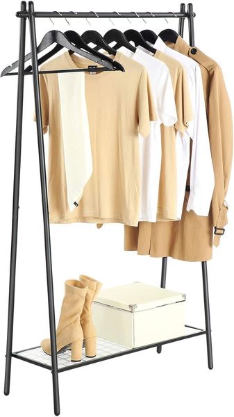 Songmics Kleiderständer aus Stahl, Garderobenständer mit Kleiderstange, Ablage im unteren Bereich, schlicht, Schlafzimmer, Flur, Dachboden, Keller, 92,5 x 33,5 x 153 cm, Mattschwarz HSR23BK