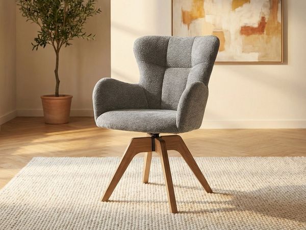 Massivart® Polsterstuhl drehbar 360 Grad / grau / Bouclé-Stoffbezug »TANURA«, Gestell aus Wildeiche · belastbar bis max. 120 kg