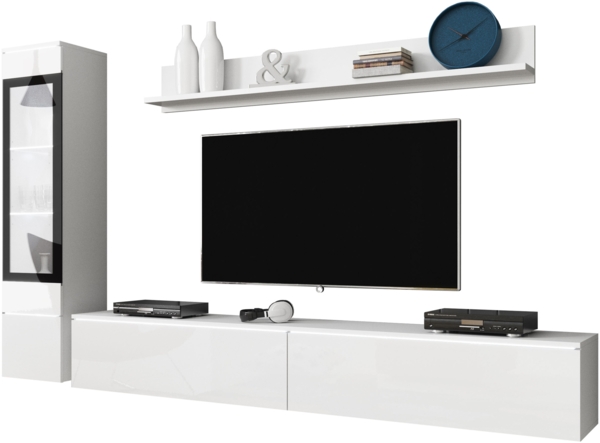 Wohnwand Doppo I (Farbe: Weiß / Weiß Hochglanz, mit weißer LED Beleuchtung)