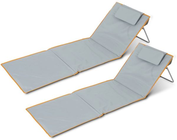 Stagecaptain Gartenliege 2x Set BM-160 GY Beachmatte "Layla", ink. Reißverschlusstasche, verstellbare Sonnenliege mit gepolstertem Kopfkissen