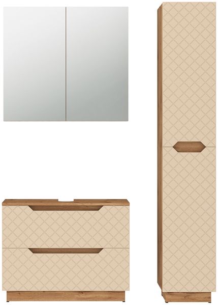 Badmöbel-Set Lotta Eiche/Kaschmir mit Kachelstruktur 3 Teile Vicco