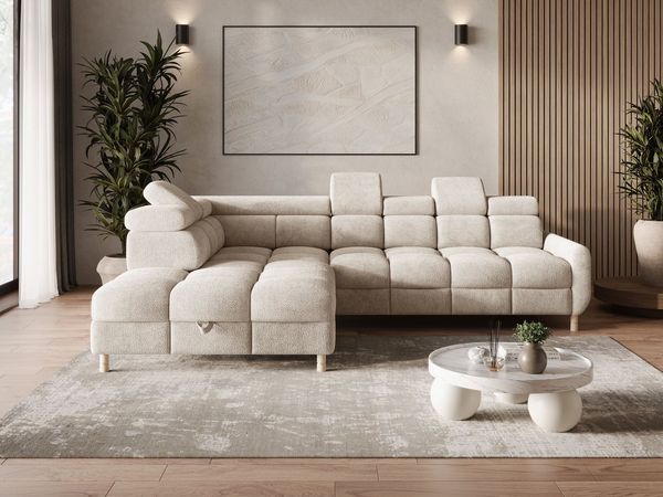 MOEBLO Ecksofa BUN aus Bouclé, mit Schlaffunktion, Bettkasten und verstellbaren Kopfstützen – modernes Polsterecksofa für Wohnzimmer, Eckcouch Wohnlandschaft Sofa mit Ottomane Eckgarnitur Polsterecke, (BxHxT): 276 x 78 x 209 cm