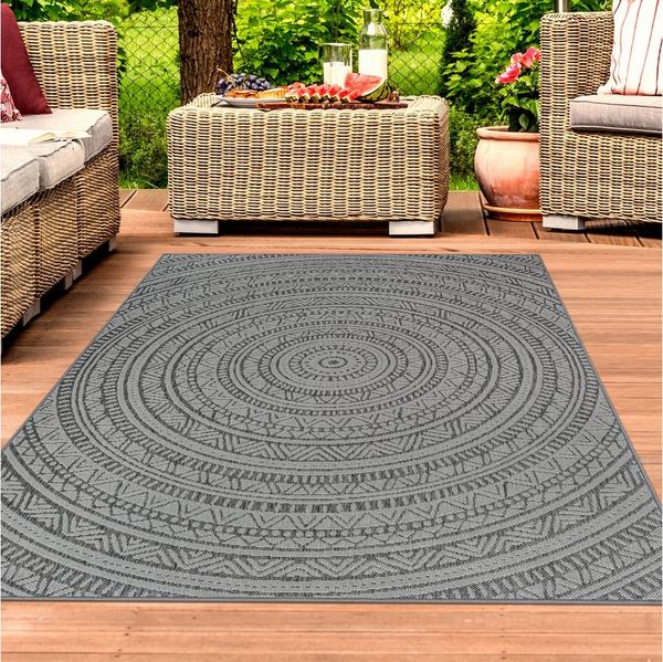 TeppichHome24 Outdoorteppich Outdoor-Teppich mit Ethno-Muster in Dunkelgrau für Terrasse und Balkon, siehe foto