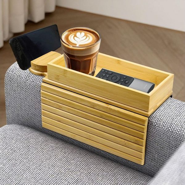 BlingBin Tablett Bambus-Sofa-Arm-Tablett, magnetisches Couch-Arm-Tablett, Bambus, (1er Set, 1-tlg, 38 x 29 cm), Sofatablett mit 360°-Telefonhalter für Getränke, Snacks, Telefon