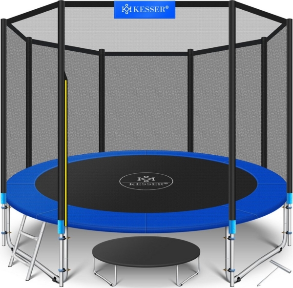 KESSER® - Trampolin Komplettset mit Sicherheitsnetz, Leiter, Randabdeckung & Zubehör, Belastbarkeit 150 kg, 366 cm, Blau