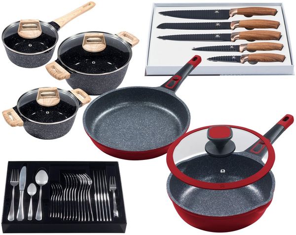 KING Pfannen-Set Moonscape, Aluminiumguss (Set, 11-tlg), Induktion, (Töpfe+Glasdeckel, Pfannen+Deckel,Messer,Besteckset)