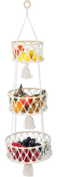 HEYHIPPO Aufbewahrungskorb Hängender Aufbewahrungskorb 3-stöckig – Boho-Design, 110 cm, für Bad (Handgeflochtener Baumwoll-Aufbewahrungskorb mit Bambusring &Netzdesign), Wandobstkorb aus Baumwolle – hängend, beige, für Küche & Wohnzimmer