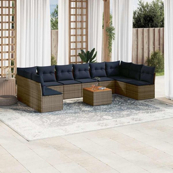 vidaXL 11-tlg. Garten-Sofagarnitur mit Kissen Grau Poly Rattan 3256131