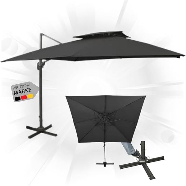 Sonnenschirm rechteckig LOTI 300cm Schwarz UV-Schutz, Kippbar, Kurbelsystem Ampelschirm rechteckig Freiarm Sonnenschirm 300 cm Kurbelschirm Standschirm Sonnenschutz Gartenschirm
