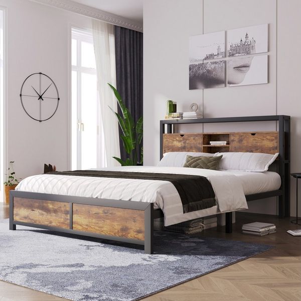 Merax Metallbett, mit Stauraum Vintage, Doppelbett 140x200cm, Bettgestell Altholzoptik