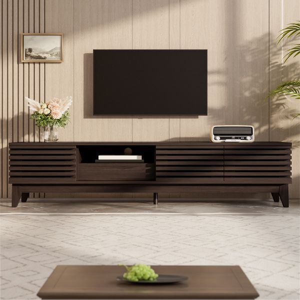 TV-Schrank 170x35x40 cm mit 3 Türen, Schublade, offenen Fächern und Vintage-Lamellen