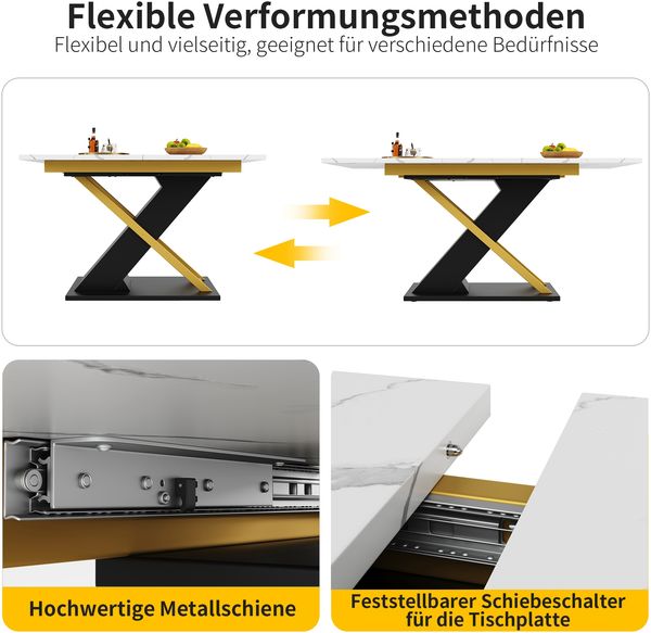 Merax Esstisch Ausziehtisch (120-160×80cm), Küchen-Wohnzimmertisch, Ausziehtisch, Esstisch mit goldenen Kreuzbeinen Bild 6