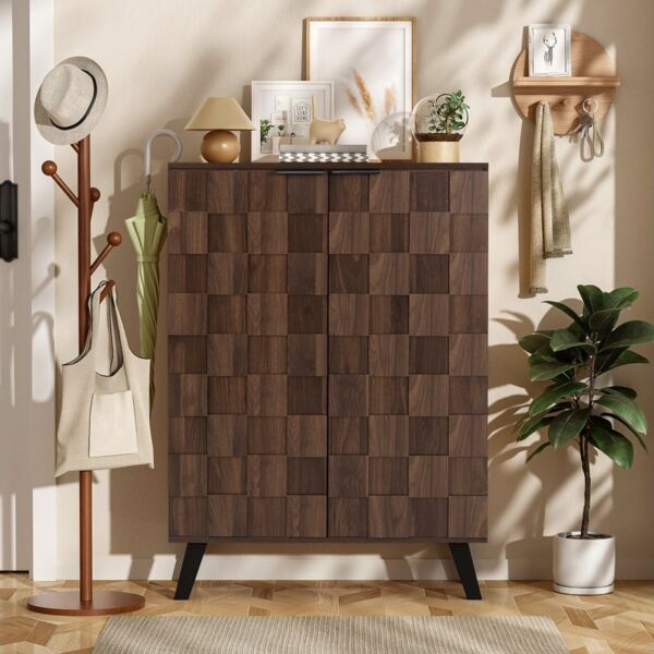 MODFU Schuhschrank mit quadratische, strukturierte Oberfläche (Kommode, Anrichte, Wohnzimmerschrank, Highboard, 1-St, 2 Türen) Mit Verstellbare Einlegeböden