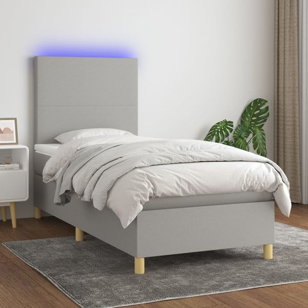 vidaXL Boxspringbett mit Matratze & LED Hellgrau 100x200 cm Stoff 3135253