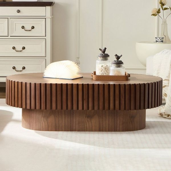 Oval Fluted Coffee Table, Modern Minimalist Center Table with Solid Wood Stripe Accent, MDF with Wood Veneer Construction, Contemporary Accent Table for Living Room, Bedroom, and Office (Walnut color)