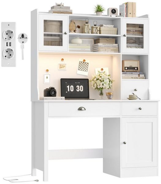 Homfa Schreibtisch mit LED, 2 Steckdosen und 2 USB, Schminktisch Computertisch Bürotisch weiß 165x120x48cm