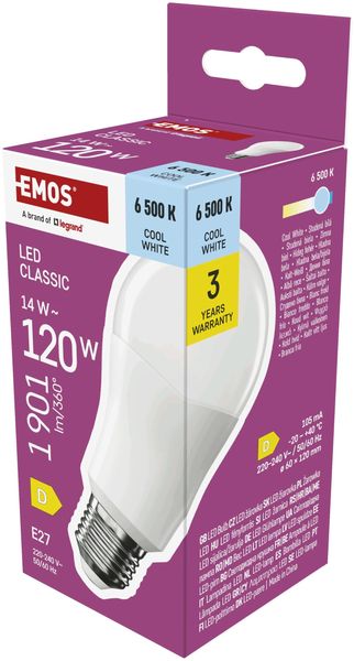 EMOS - LED Lampe A60-Birne, 14W Ersatz für 120W Glühbirne - klassiche Birne mit E27 Sockel, Helligkeit 1901 lm, Kaltweiß 6500 K - 30000 h Lebensdauer, CRI min. 80, 180° Abstrahlwinkel