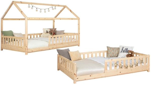Ticaa Hausbett Duo mit Rausfallschutz aus Kiefer, Bodenbett 140x200, inkl. abnehmbarem Dach, mit Rollrost