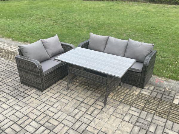 Fimous Terrassenmöbel Set Polyrattan Langer rechteckiger Esstisch und Lounge Sofa set Dunkelgrau gemischt