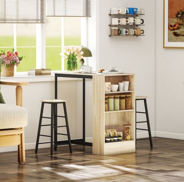 Bartisch-Set 91x49x91 cm mit 2 Hockern, Stauraum und Fußstützen – industrieller Küchentisch in Eicheoptik mit schwarzem Rahmen
