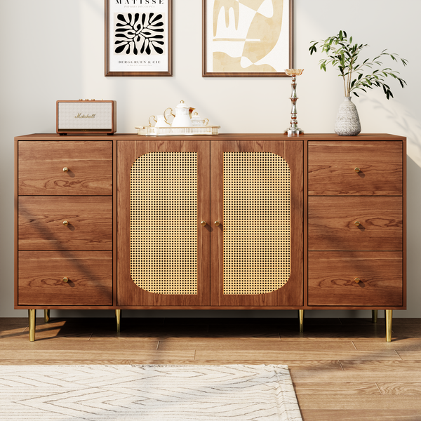 MODFU Sideboard Kommode mit viel Stauraum (Aufbewahrungsschrank, Holzschrank, 1 St, 6 Schubladen und 2 Türen), Kommode mit Metallfüße, 160 x 40 x 90 cm