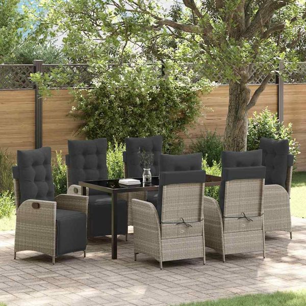 vidaXL Garten Essgruppe mit Kissen 7 pcs Hellgrau Poly-Rattan 3380572