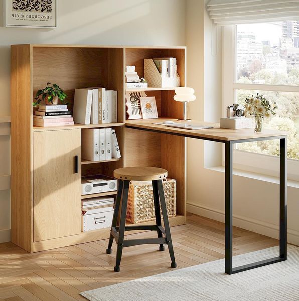 Computertisch mit Regal & Schrank, Natur, 120x50x120 cm