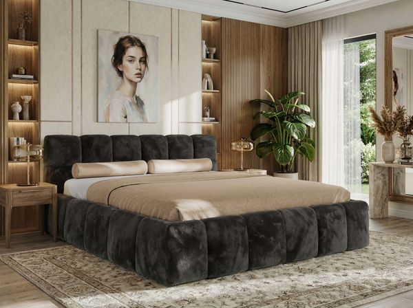 Doppelbett mit Gasdruckfeder, Polsterbett NIRA CLASSIC Holzlattenrost Bett mit Stauraum, gepolstertes Kopfteil Bettkasten Pocket Matratze - 200 x 200 cm - Dunkelgrau Plüsch - VIRE LUX