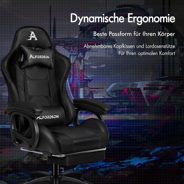 ALFORDSON Gaming-Stuhl mit Massage, verstellbar, PU-Leder, Schwarz