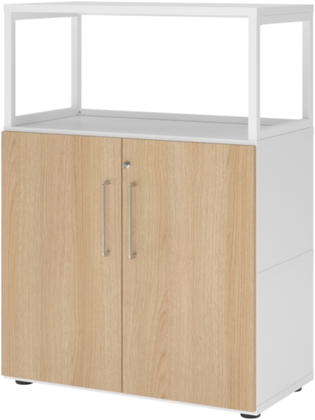 bümö flexi Aktenschrank abschließbar mit Flügeltüren & 1 Regalfach offen in Weiß/Eiche, Büroschrank mit werkzeuglosem Schnellmontage-Klicksysten in modularer Bauweise, FW38T2RG-W-E-BS