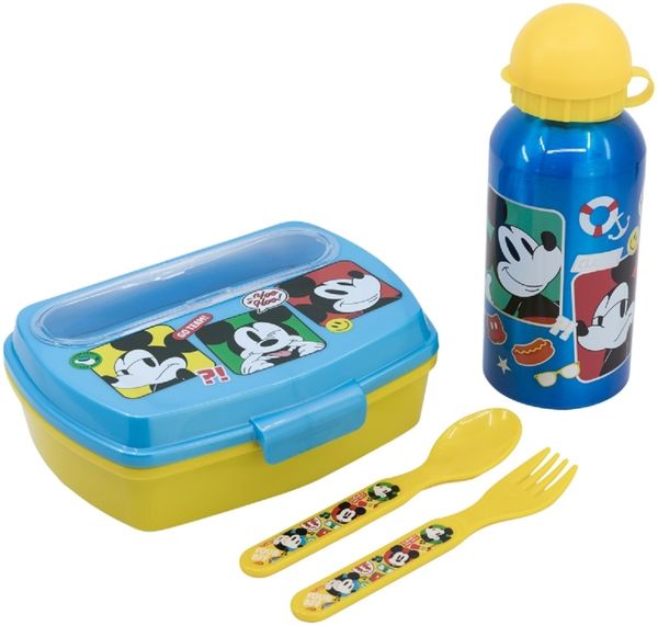 Pausen-Set 2tlg. Brotdose mit Besteckfach und Alu Trinkflasche verschiedene Motive Mickey Mouse