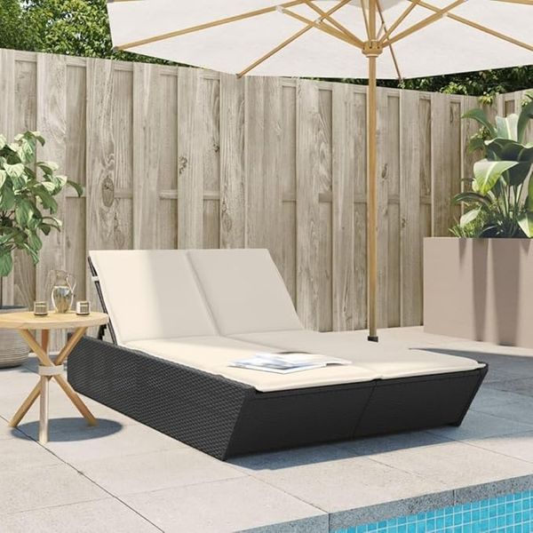 IKAYAA Gartenliege im Bali-Stil – Verstellbare Doppel-Rattanliege mit verstellbarer Rückenlehne – Doppelliege/Sofa für Garten und Terrasse – Schwarz