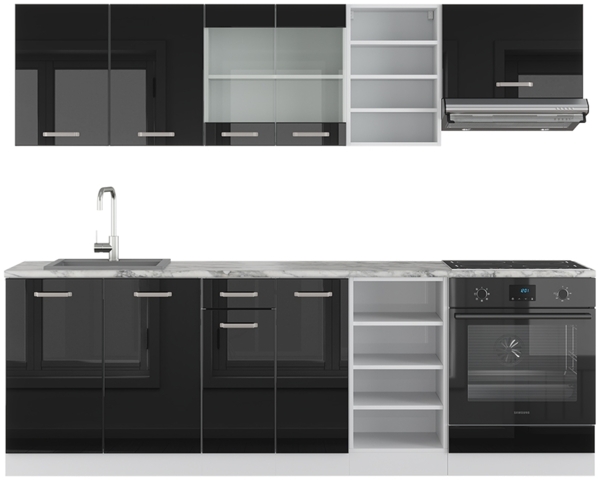 Küchenzeile R-Line Schwarz Hochglanz/Weiß 240 cm ohne Arbeitsplatte Vicco