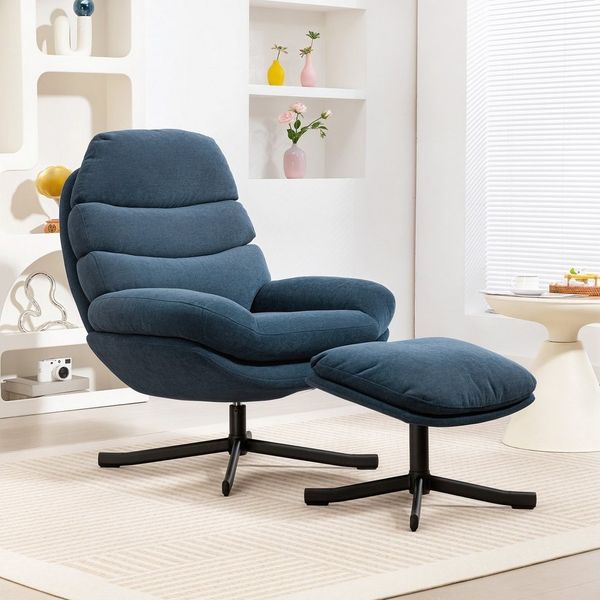 HOMCOM Relaxsessel mit Hocker Sessel Loungesessel mit Chenille-Optik breiter Sitzfläche Drehbar Polstersessel Armlehnensessel für Wohnzimmer, Schlafzimmer, Blau