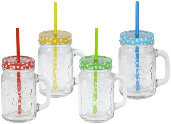 Spetebo Gläser-Set Gläser-Set Trinkgläser mit Deckel und wiederverwendbarem Strohhalm, Glas, Vintage Gläser mit Henkel